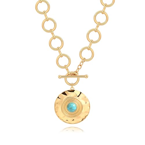 18k Gold Plated Chain Link Necklace for Women, Baroque Pearl/Compass Pendant Necklace - color: Big Medal