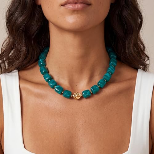 Beaded Necklaces for Women Boho Chunky Necklace Statement Big Resin Bead Choker Fashion Summer Beach Jewelry - color: Teal Blue