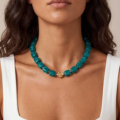 Beaded Necklaces for Women Boho Chunky Necklace Statement Big Resin Bead Choker Fashion Summer Beach Jewelry - color: Teal Blue