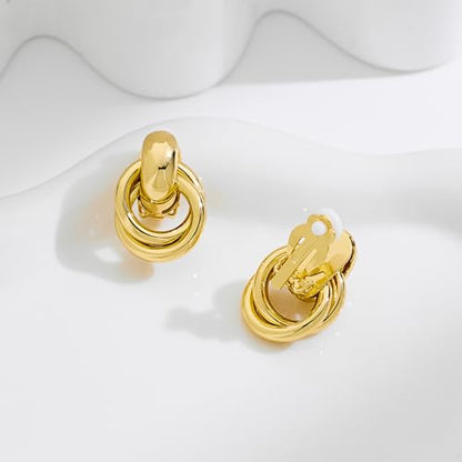 Gold Geometric Clip On Earrings for Women Chunky Gold Knot Link Clip Earrings Trendy Jewelry - color: Gold-E