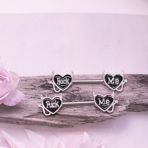 VERAMI 14G 16G Bat Devil Heart Nipple Rings Stainless Steel Heart Nipple Barbell Rings Tongue Rings Body Piercing for Women Men - color: BLACK-RED
