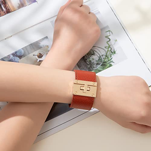 Rantanto Leather Wrap Bracelets For Women Gold Twist Lock Buckle Wrist Cuff | PU leather,Skin-friendly,Boho Stackable Wristband,Fashion Daily Jewelry,Trend Casual Party Bangle,Fit For Birthday, Holiday - color: Wide Brown