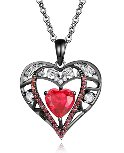 5 Heart I Love You Necklace for Women, Birthstone Crystal Pendant, Birthday Gift for Her, Wife, Mom, Rose Gold or Gunmetal Plated, 925 Sterling Silver Chain 18"+2" - color: 14-Ruby Garnet Red-GunMetal Plated