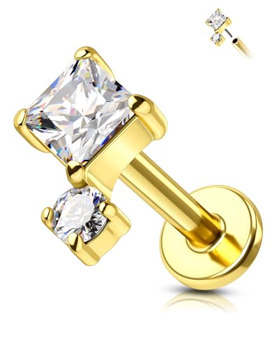 COCHARM 16G Threadless Labret Stud Earrings Flat Back Helix, Tragus, Cartilage,Conch Piercing Jewelry Square CZ Push Pin Lobe Stud 6mm 8mm 316L Steel Silver, Gold - color: Gold, size: 1.2x8mm