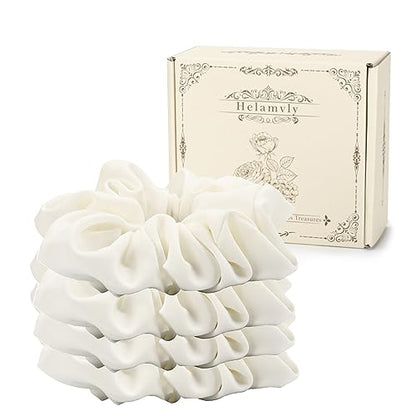 4 PCS Large Silk Satin Scrunchies for Women White Thick Hair Big Scrunchie | White / Stretched 10" Length / No Damage / Gift Box /Diameter: 5 inches / All Hairstyles - color: White, size: 1 Count (Pack of 4)