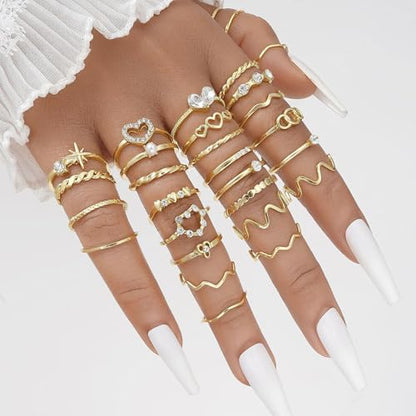 Gold Rings for Women Non Tarnish Stackable Rhinestone Moon Star Rings Dainty Stacking Pearl Butterfly Midi Pinky Thumb Joint Finger Knuckle Ring Set Gold Non Tarnish Jewelry Gifts Trendy Stuff - color: C Gold Stackable Rings 28Pcs