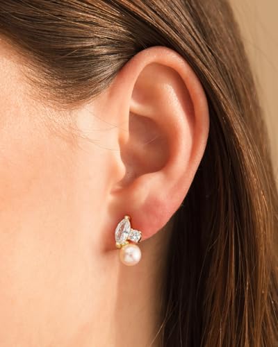 Pearl Earrings - 14k Gold or White Gold Plated Sparkle Cubic Zirconia Dainty Pearl Stud Earrings for Women Wedding Party Bridal - color: gold CZ pearl