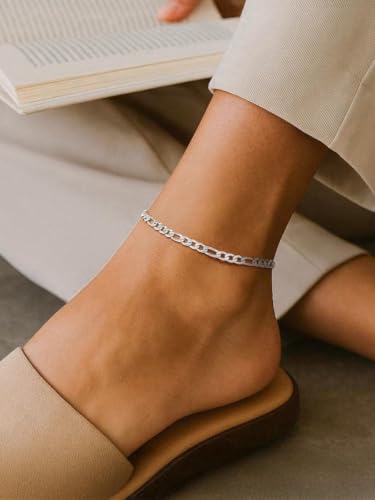 FindChic Stainless Steel Ankle Bracelets for Women, Waterproof Figaro/Cuban/Box/Beaded Chain Anklets, Summer Beach Foot Jewelry, 8.5''-10.5'' Adjustable Length, with Gift Box - style: A Figaro Chain-Silver