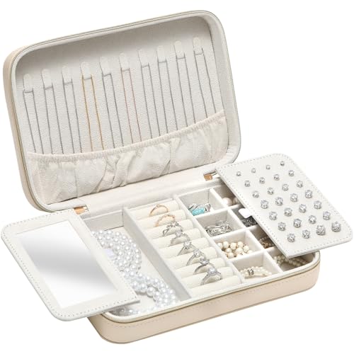 Genuine Leather Travel Jewelry Organizer Case Box with Mirror for Women, Small Mini Portable Jewelry Box for Ring Earrings Necklace Bracelet Luxury Gift for Women Beige - color: Beige