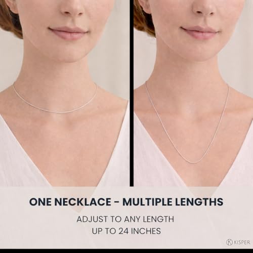 KISPER Adjustable Gold Chain Necklace for Women 1mm Cable Snake Box Slider | 24K plated stainless steel, 2 finishes, non-tarnish, waterproof, to 24 in, hypoallergenic, nickel-free - color: White Gold