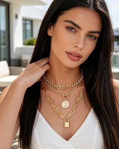 Gold Layered Necklaces for Women Chunky Layered Gold Link Chain Necklaces Trendy Paperclip Herringbone Toggle Clasp Necklace Statement Jewelry Accessories for Her - color: A5:gold chunky necklace