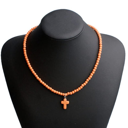 Small Dainty Cross Necklace Pendant Bohemian Turquoise Seed Bead Beaded Necklace Choker for Women Men Faith Jewelry Gift - color: 01 Orange