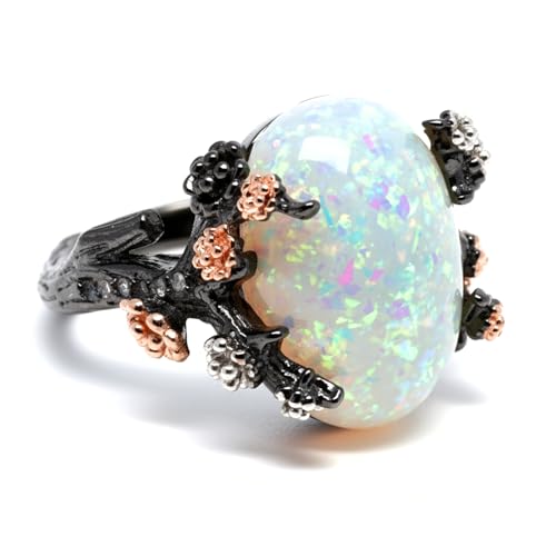 Henrietta Gothic Opal Ring for Women, Fantasy Promise Ring by Ginger Lyne | Simulated White Fire Opal, Cubic Zirconia Black Rose Gold Plated Bold Jewelry Statement Piece For Engagements, Gifts & Events - color: White