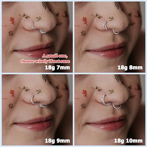 BodyBonita 3pcs Nose Rings Hoops - Double Hoop Nose Ring 14/16/18/20G Hinged CZ Piercing Jewelry Septum Clicker Rings Cartilage Earring Helix Rook Tragus Daith 7mm/8mm/9mm/10mm - color: Silver, size: 18 gauge(1.0mm)-10mm