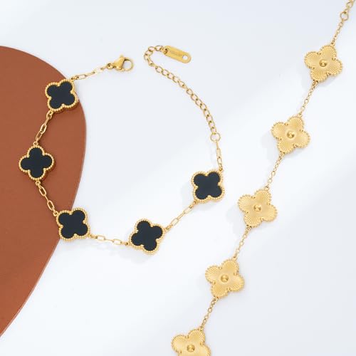 Waterproof Four-Leaf Clover Bracelet,Adjustable Link Double Sided Jewelry, Lovely Fashion Jewelry Gift for Women - color: Gold Bracelet +Black Bracelet
