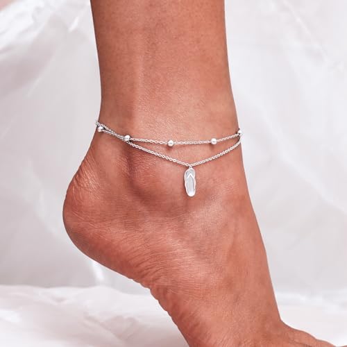 CHIC & ARTSY 925 Sterling Silver Ankle Bracelets for Women, Adjustable Layered Foot Chains with Nature & Symbol Charms, Lightweight Comfort Fit Boho Beach Everyday Jewelry - color: Flip Flops/silver