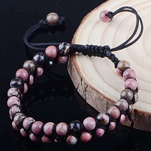 MASSIVE BEADS Double Layer Natural Chakra Healing Power Crystals Macrame Bracelet Yoga Stone Beads Gemstone Meditation Relax Anxiety Bangle for Unisex Women Men - color: Pink Black Rhodonite, size: 4mm