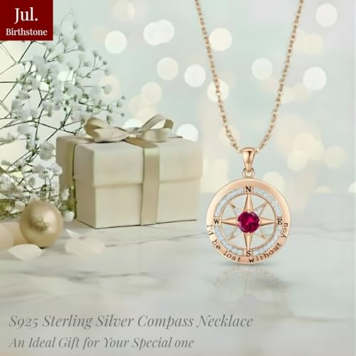 Compass Necklace for Women Wife Girlfriend Mom Daughter Gifts | S925 Silver Jewelry For Anniversary 18K Rose Gold Gifts For Birthday Christmas Mothers Valentines Day 12 Birthstones - style: 07-July-Rose Gold