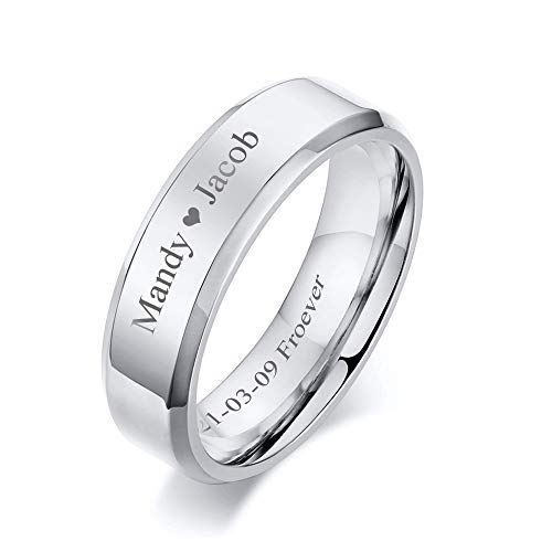 VNOX Customize Personalized Name Date Stainless Steel Simple Polished Finish Wedding Band Engagement Rings for Men Women,Size 6 - color: 6MM-Silver-Customize