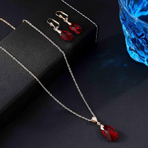 Austrian Crystals Teardrop Pendant Necklace Earrings for Women 14K Gold Plated Hypoallergenic Leverback Drop Dangle Earrings Jewelry Set - color: Red