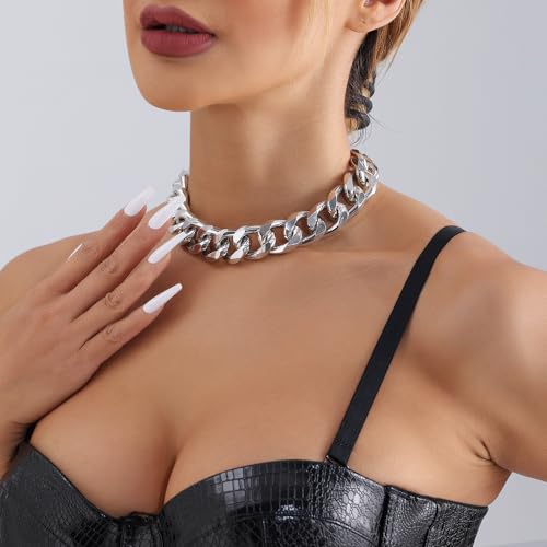 Wiwpar Punk Silver Cuban Link Chain Choker Necklace Chunky Cuban Link Chain Hip Hop Chain Jewelry Curb Cuban Wide Link Chain for Women