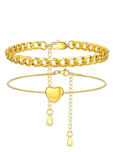 U7 2Pcs/3Pcs Ankle Bracelets for Women, Stainless Steel Cuban Link/Figaro/Rope/Heart Chain Anklets Sets,Waterproof Layered Anklets Adjustable 8.5"-10.5" - color: 02. 2Pcs Style B-Gold
