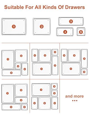 SMARTAKE 13 PCS Drawer Organizer 5-Size Desk Makeup Drawer Organizer Clear | Storage Trays for Makeup with Non Slip Silicone Pads, Jewelries, Utensils in Bedroom Dresser, Office, Kitchen and Bathroom - style: 13 PCS