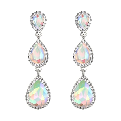 EleQueen Women's Crystal Teardrop Pear Shape 2.5 Inch Long Earrings | Dangle Earrings for Women, TearDrop Crystals Earrings for Bride Bridesmaid, Prom Jewelry for Wedding - color: Iridescent Silver-Tone