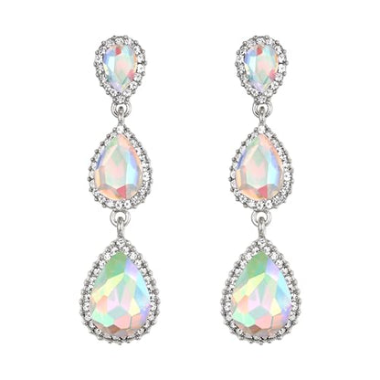 EleQueen Women's Crystal Teardrop Pear Shape 2.5 Inch Long Earrings | Dangle Earrings for Women, TearDrop Crystals Earrings for Bride Bridesmaid, Prom Jewelry for Wedding - color: Iridescent Silver-Tone