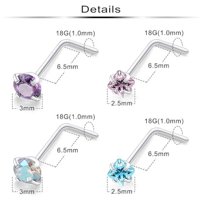 Hypoallergenic Nose Rings Studs 18G & 20G Surgical Steel Nose Studs L Shaped Nostril Piercing Jewelry with Cubic Zirconia for Women & Men - color: 18g,L-shape,crystal