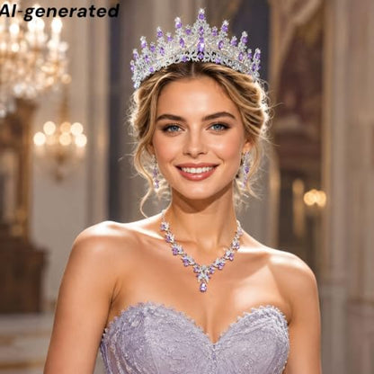 Kamirola Tiaras and Crowns for Women,Tiaras Earrings Necklace, Crystal Bridal Jewelry Set, Costume Jewelry for Women Party Halloween Prom Pageant - color: SILVER PURPLE