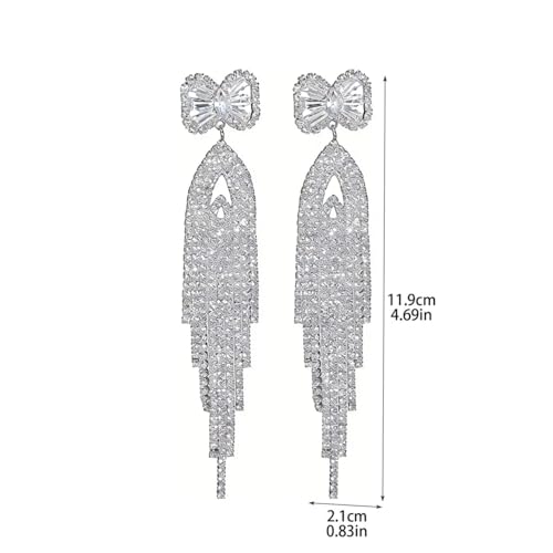 Rhinestone Earrings Dangling for Women Sparkly Silver Dangle Earrings Girls Long Chandelier Earrings Tassel Lightweight Ear Studs Cubic Zirconia (KE001S-W) - color: Bow YXE039PL-W