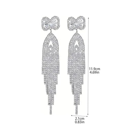 Rhinestone Earrings Dangling for Women Sparkly Silver Dangle Earrings Girls Long Chandelier Earrings Tassel Lightweight Ear Studs Cubic Zirconia (KE001S-W) - color: Bow YXE039PL-W