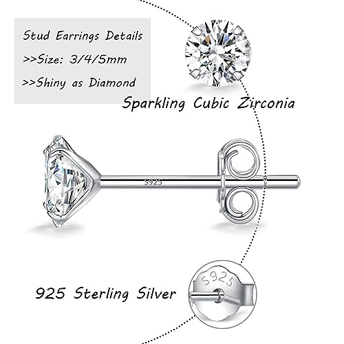 MASOP VOGU 3-5mm Sterling Silver Stud Earrings Set 14K White Gold Plated Hypoallergenic Tiny Round Cut CZ Cubic Zirconia Simulated Diamond Cartilage Studs for Women Men - color: A# 3Pairs(3/4/5mm)