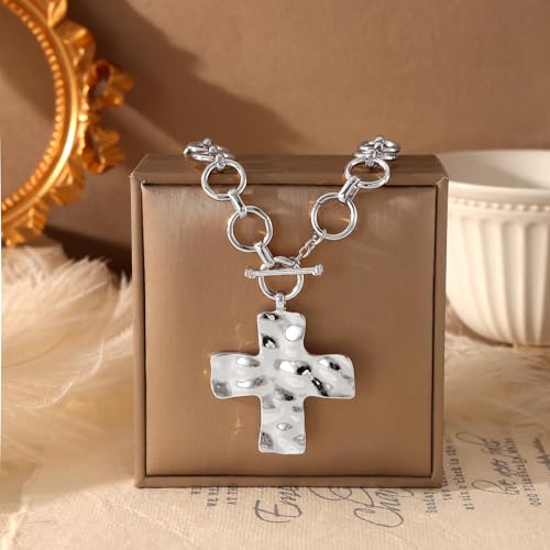 Carffordo Gold Cross Necklaces for Women, Chunky 14K Gold Plated Necklace | Statement Cross Pendant Necklace with Toggle Clasp, Hypoallergenic Waterproof Bold Chain, Trendy Charm Jewelry Gift for Her - color: silver cross
