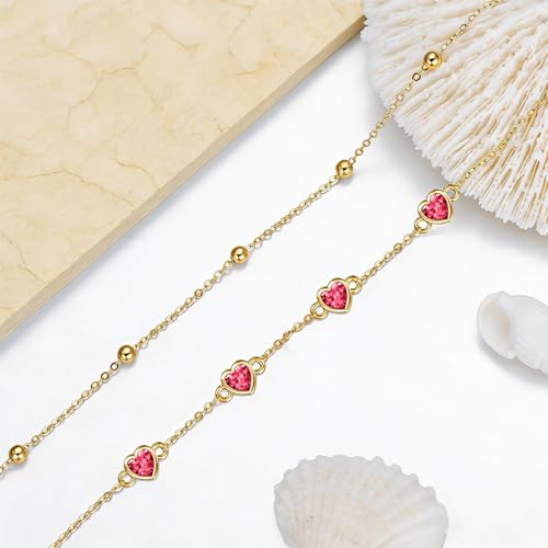 Midari 18K Yellow Gold Gemstone Birthstone Anklet Bracelet Heart Jewelry with 12 Months Birthstone Birthday Gifts for Women Wife Her Daughter Mom - color: 07-Jul-Ruby, size: Anklet 9"-11"