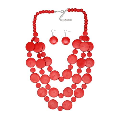 Colorful Wood Bead Necklace Earrings Set for Women Boho Jewelry | Multi Layers Statement Big Vintage Bib Female Chunky African Ethnic Pendant Rainbow Long Tribal Jewelry - color: NXR1447-red