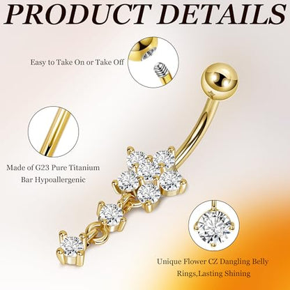 14G G23 Titanium Dangle Belly Button Ring for Women Flower CZ Dangling Belly Rings Cute Dainty Dangly Navel Ring Belly Piercing Jewelry - color: Gold