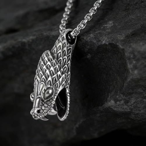 Men's Gothic Punk Hip Hop Rock Animal Snake head Pendant Necklace, 316L Stainless Steel Material, Silver Stainless Steel Square Pearl Chain, Retro Jewelry Gift
