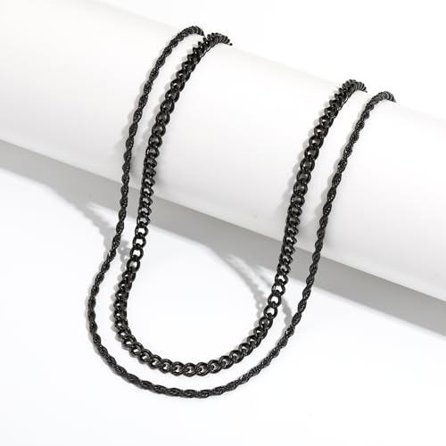 Layered Stainless Steel Chain Necklaces for Men Boys, 2Pcs Cuban Link/Rope/Herringbone Chains Jewelry Gifts, 16 "/18 ", 18 "/20 ", 20 "/22 ", 22 "/24 " - color: Black, size: 16IN/18IN, style: Cuban/Rope Chain Set