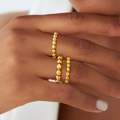 3PCS 14K Gold Plated Stretch Rings for Women Dainty Ball Beaded Elastic Layered Stack Knuckle Ring Set Non Tarnish Waterproof Trendy Statement Jewelry Gifts for Daily Outfits Fashion Accessories - color: Gold-1Pcs