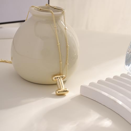 Ewrkbrㅤ Initial Necklaces for Women, 14k Gold Plated Bubble Letter Necklace Chunky Gold Necklace Dainty Charm Initial Necklaces for Women Trendy Custom Preppy Stocking Stuff Necklace Christmas Gifts - color: Gold, style: I