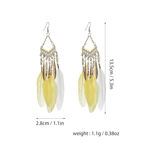 Faux Feather Fringe Tassel Long Dangle Earrings for Women | Bohemian Women Tassel Drop Jewelry - color: yellow