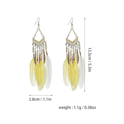 Faux Feather Fringe Tassel Long Dangle Earrings for Women | Bohemian Women Tassel Drop Jewelry - color: yellow