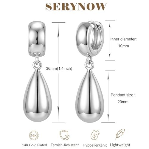 14K Gold Plated Chunky Huggie Hoop Earrings, Plump Teardrop Dangle Drop Earrings Elegant Statement Jewelry for Women - color: teardrop-long/silver