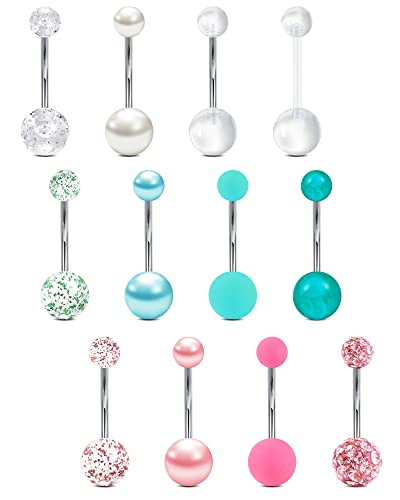 VCMART 14g 12mm & 14mm Navel Ring - Surgical Steel Belly Rings in Silver, Pink & Green for Women - Long Bar Belly Button Piercing Jewelry - style: A1 -14mm belly bar, 12pcs