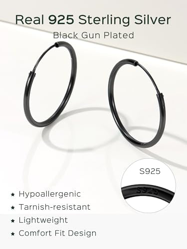 ChicSilver 925 Sterling Silver Hoop Earrings for Women Hypoallergenic, Lightweight Large Gold Plated Silver Hoop Earrings, Endless Hoops Earring 20/30/40/50/60/70MM - color: A. High Polished Black, size: 30mm