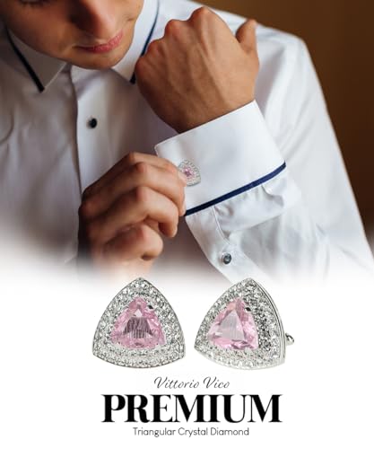 Triangular Crystal Diamond Set Cuff Links for Men – Tuxedo Suit Accessories, Cufflinks for Men - style: Pink/Silver