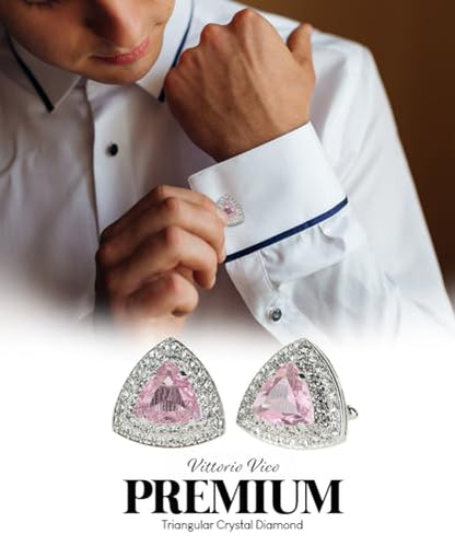 Triangular Crystal Diamond Set Cuff Links for Men – Tuxedo Suit Accessories, Cufflinks for Men - style: Pink/Silver