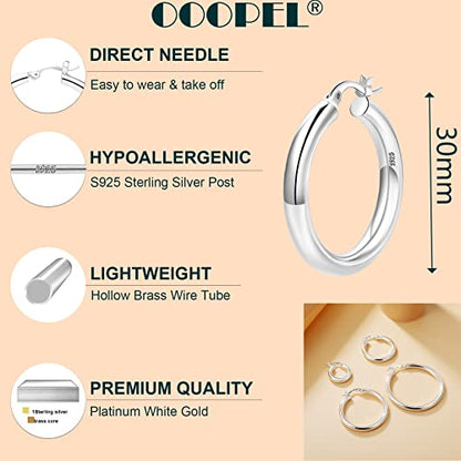 4mm Thick Gold Chunky Earrings Steling Silver Post Hoops Earrings For Women Hollow Tube Hoops Earrings Thick Gold Hoop Earrings Hypoallergenic Lightweight Gold Hoop Large Earrings 20/30/40/50/60MM - color: Silver,30mm